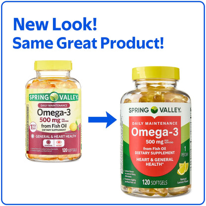 Spring Valley Daily Maintenance Omega-3 Fish Oil Softgels, 500 mg – 120-Count Heart & General Health Supplement