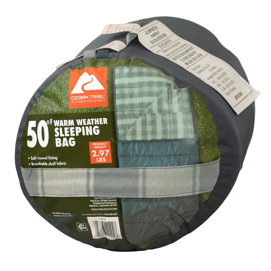 Ozark Trail 50°F Flannel-Lined Rectangle Adult Sleeping Bag – Blue (75″ x 33″)