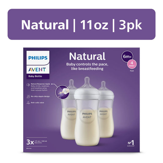 Philips Avent Natural Baby Bottles with Natural Response Nipples (Fast Flow 4), 11 oz – 3-Pack