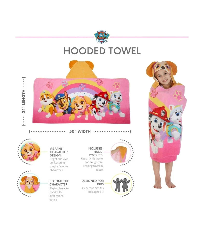 PAW Patrol Skye Hooded Kids Towel – Soft Hooded Bath & Beach Towel with Hand Pockets